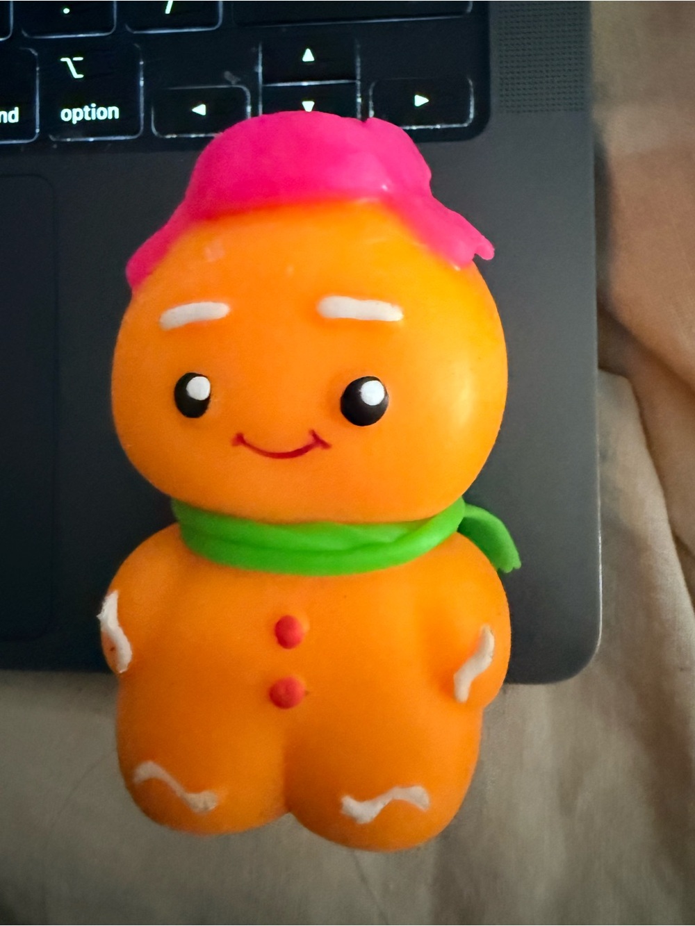 NeedoOrange Ginger Squeeze Toy with Pink Hat and Green Scarf - NO BOX